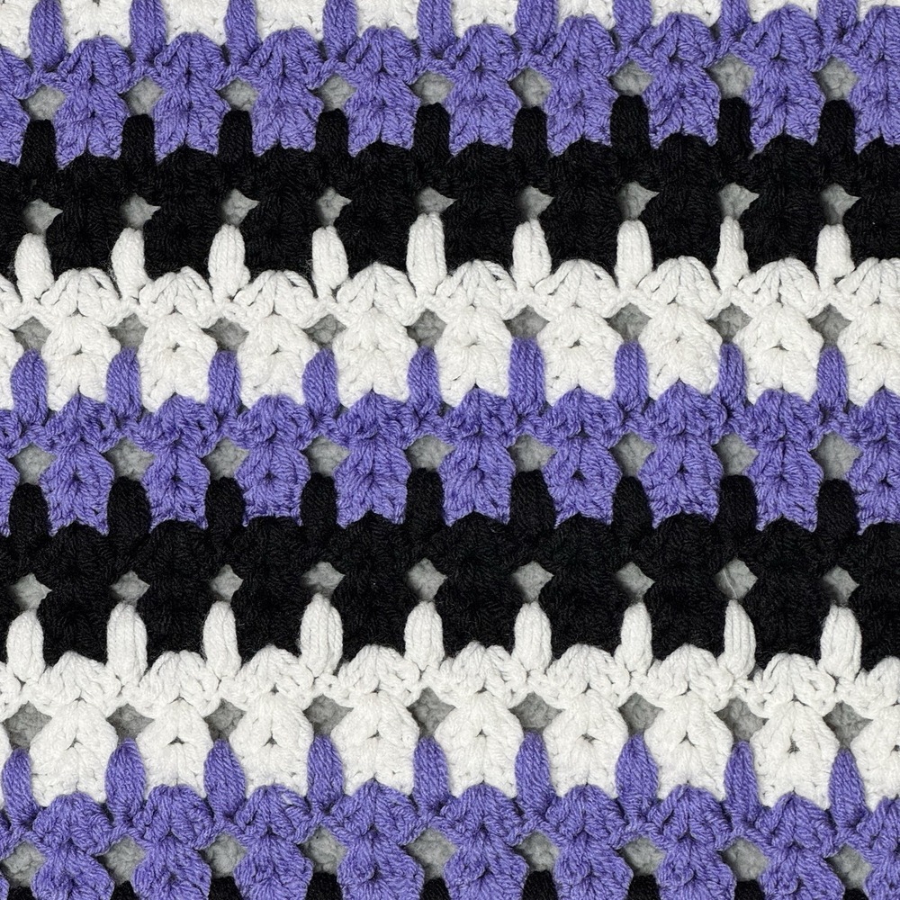 Handmade Chunky Crocheted Throw Blanket Tassels 56x72" Afghan Purple White Black - Picture 2 of 5